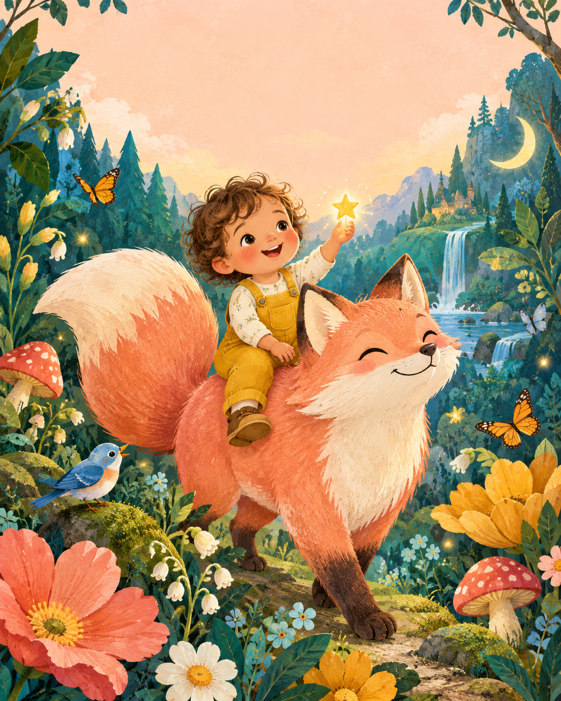 A curly-haired child riding a friendly pink fox through a magical woodland, holding a glowing star.